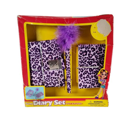 Furry Diary 3pc Set Vintage 90s Purple Animal Print Faux Fur Boa Pen